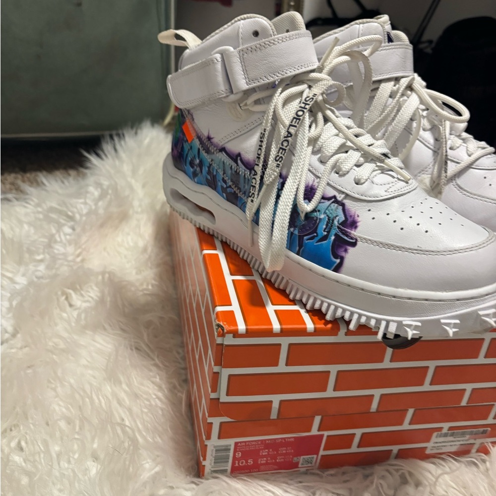 Off White x Nike White High-Top Sneakers with Blue and Purple Design